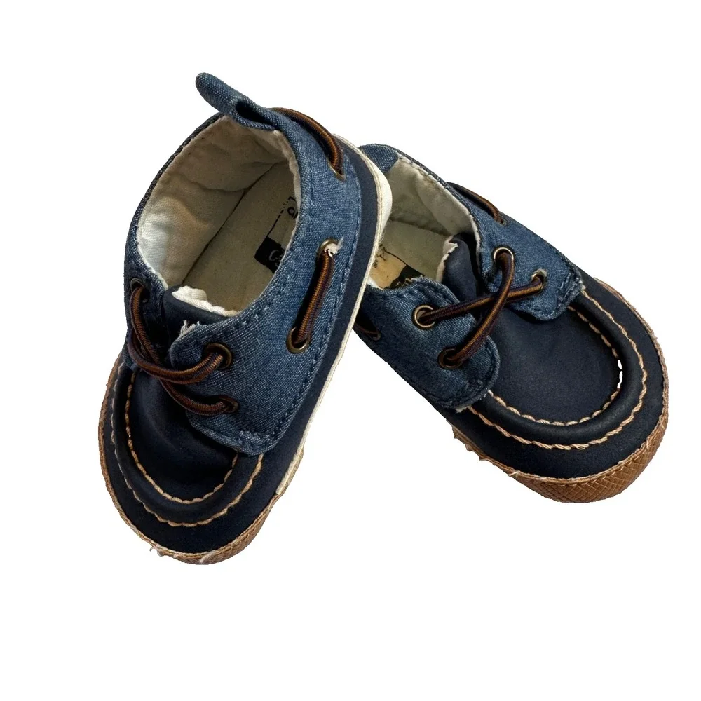 Baby Boy Carters Blue Chambray Boat Crib Shoes 0-3M Newborn Elastic Laces